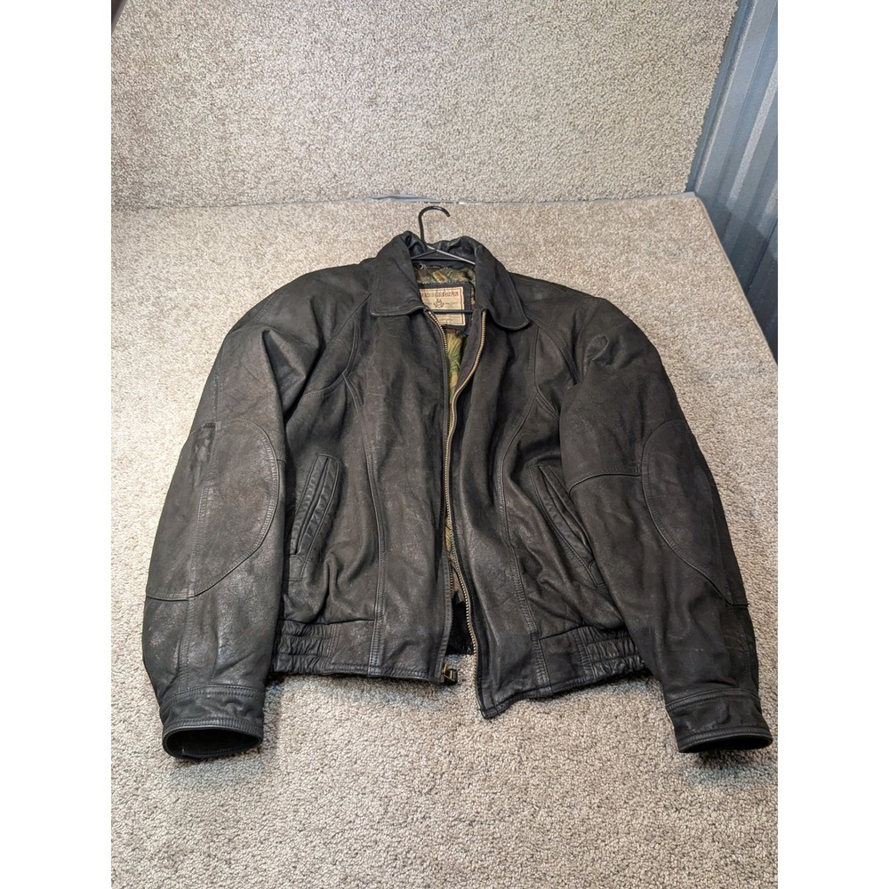 Members Only Classic Black Leather Bomber Jacket Paisley Lining 46L Vintage